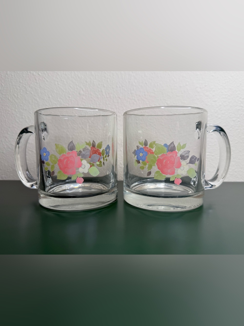 Vintage Pfaltzgraff Tea Rose Glass Mugs Set of 2 Made in USA Floral 16 oz
